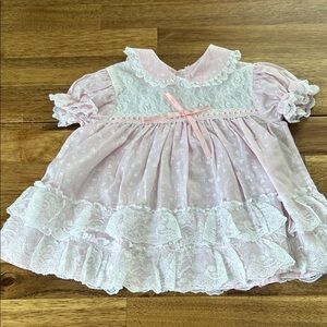 Vintage Pink Lace Trim Formal Baby Girls Dress with Bow